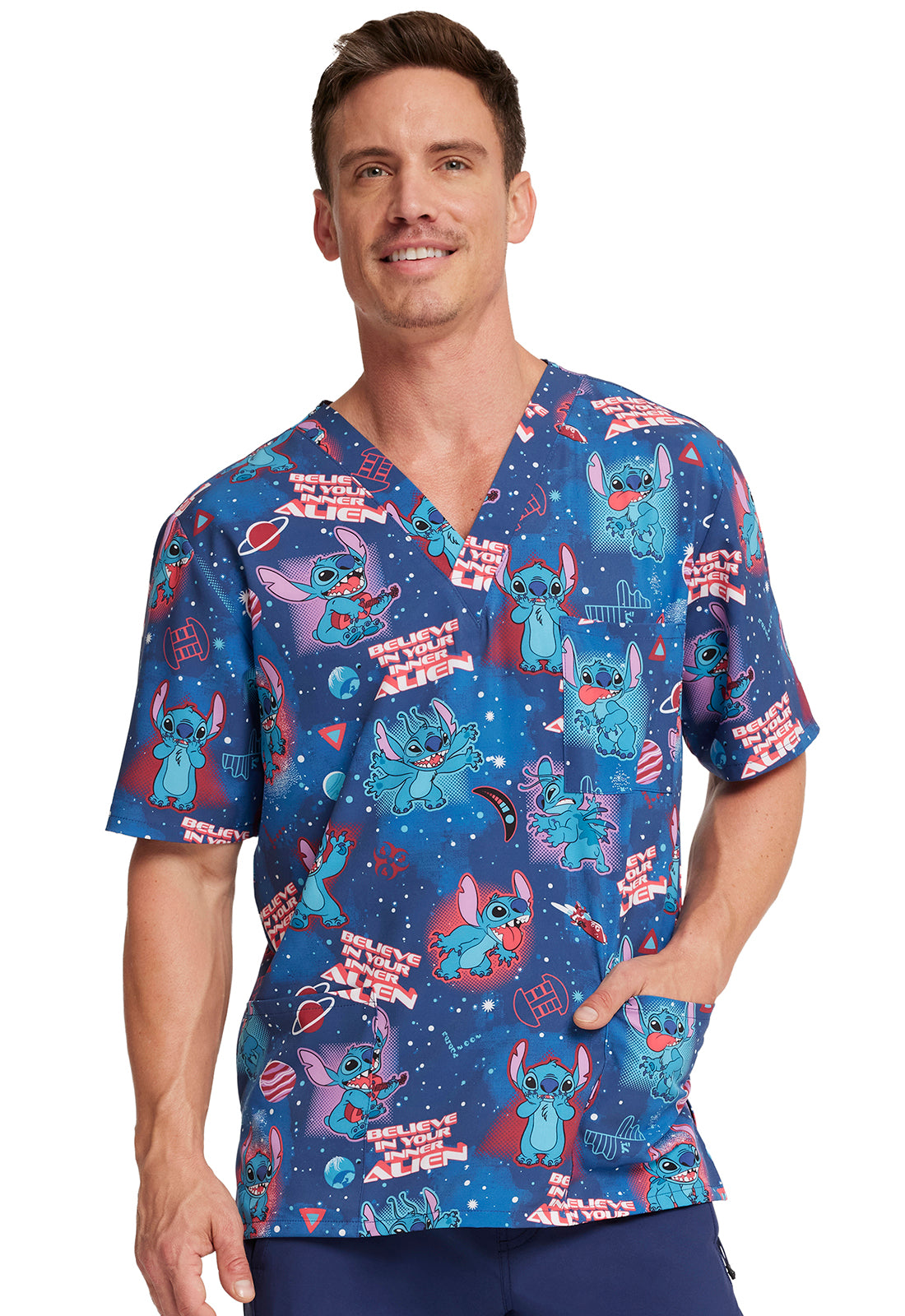 Men's V-Neck Print Top in Inner Alien - BodyMoves Scrubs Boutique