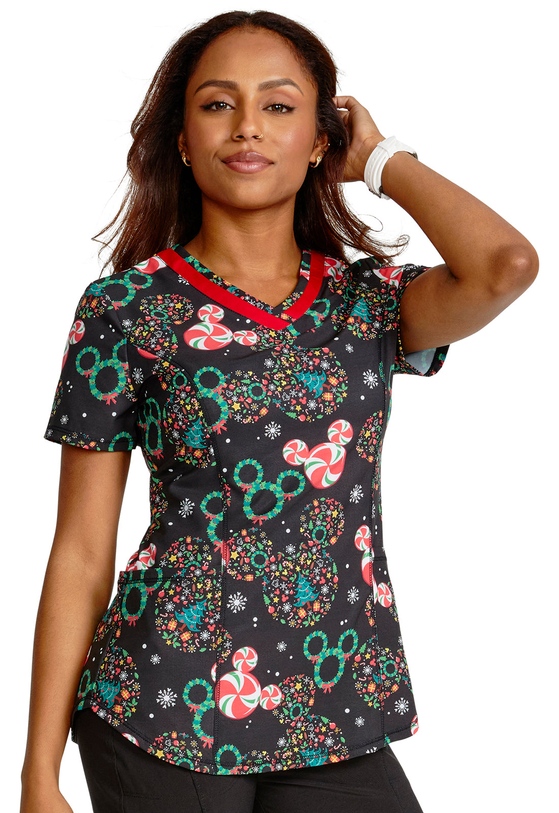 Women's Shaped V-Neck Print Top in Holiday Heads