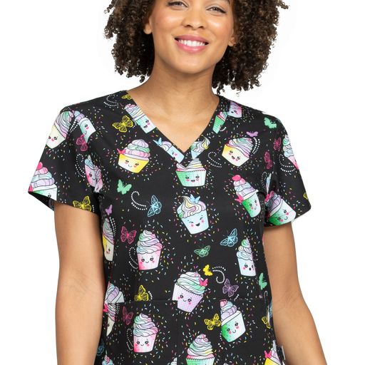 women's medical uniform tops, fashionable nurses uniforms, Women's Ava Therese Audrey V-Neck (1054 CKES) "CAKE IT EASY" Print Top