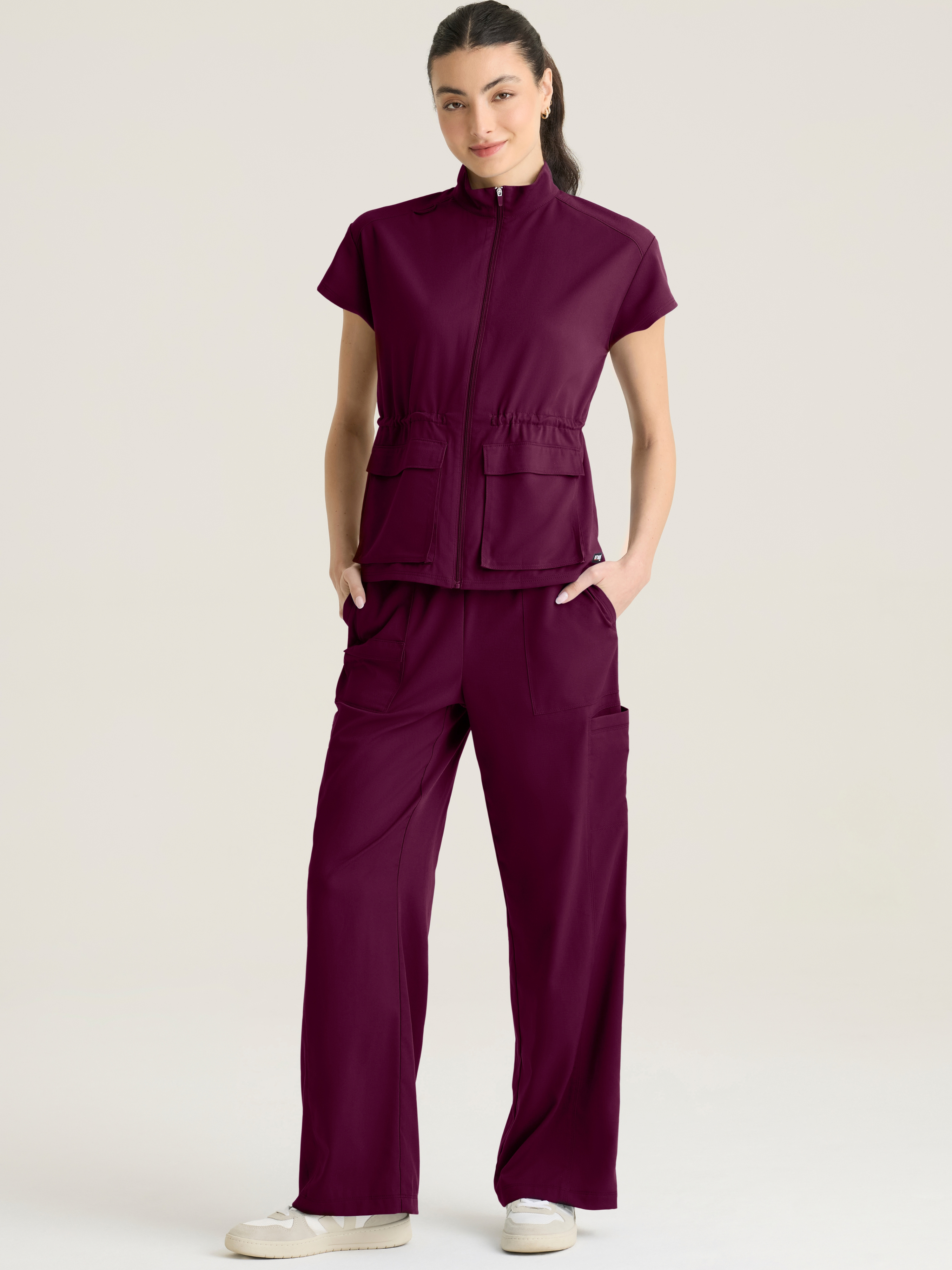 Nina Women's 2-pocket Mock Neck Zip Front Top Grey's Anatomy™ by Barco Spandex Stretch