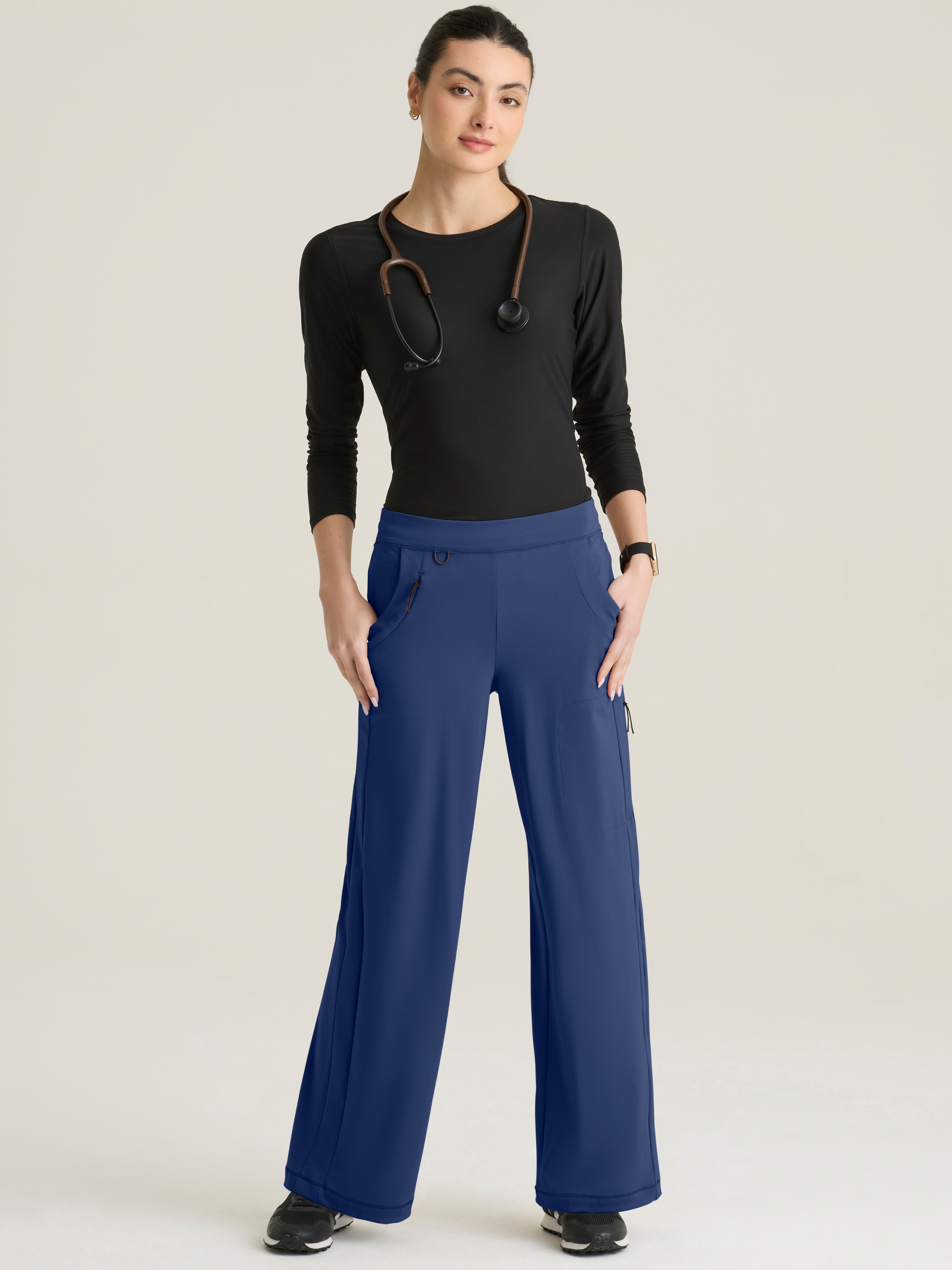 Crystal Women's 7-Pocket Elastic Waistband Wide Leg Pant Grey's Anatomy™ by Barco Knit Stretch