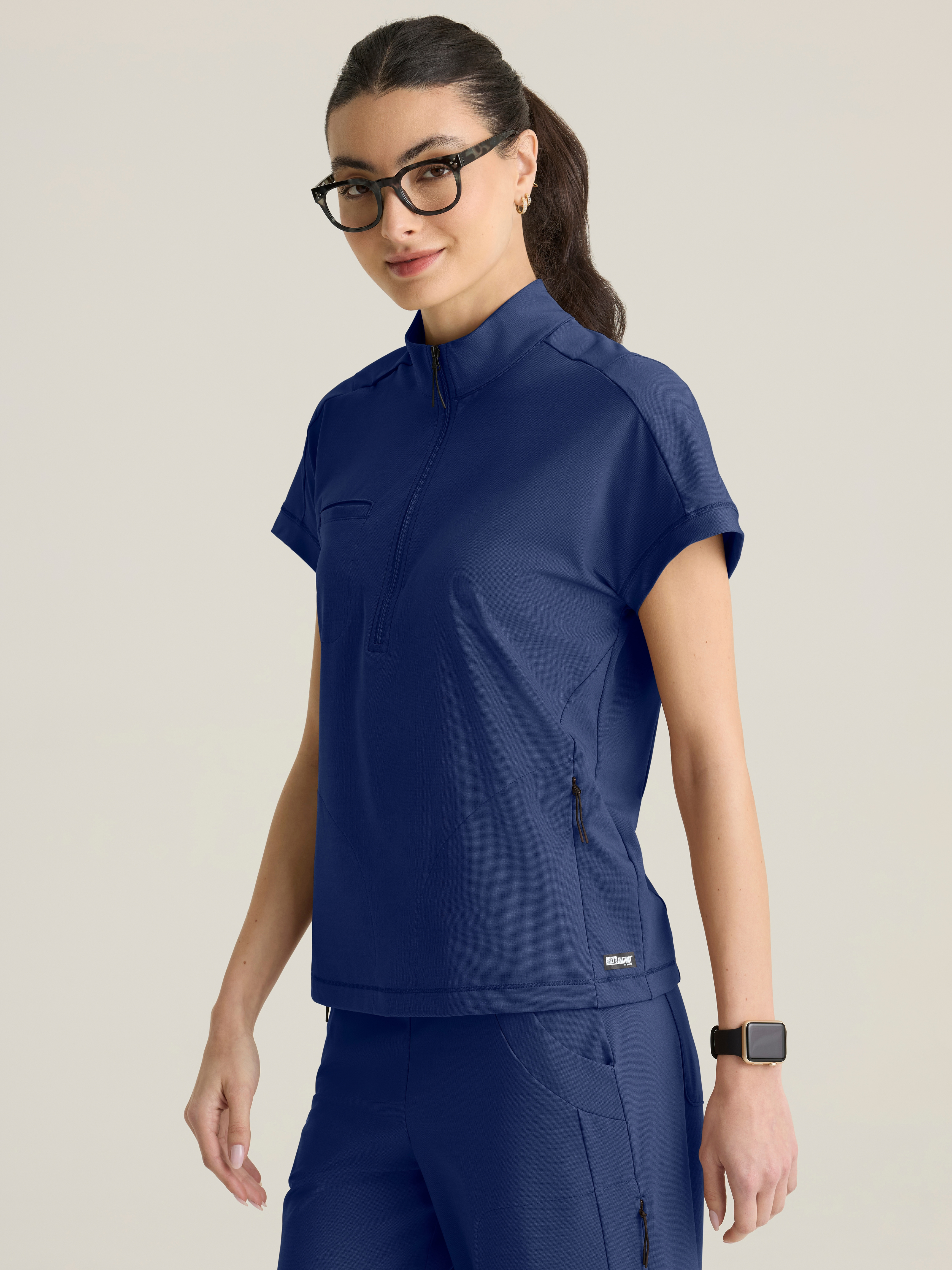 Crystal Women's 3-Pocket Mock Neck Zip-Placket Top Grey's Anatomy™ by Barco Knit Stretch