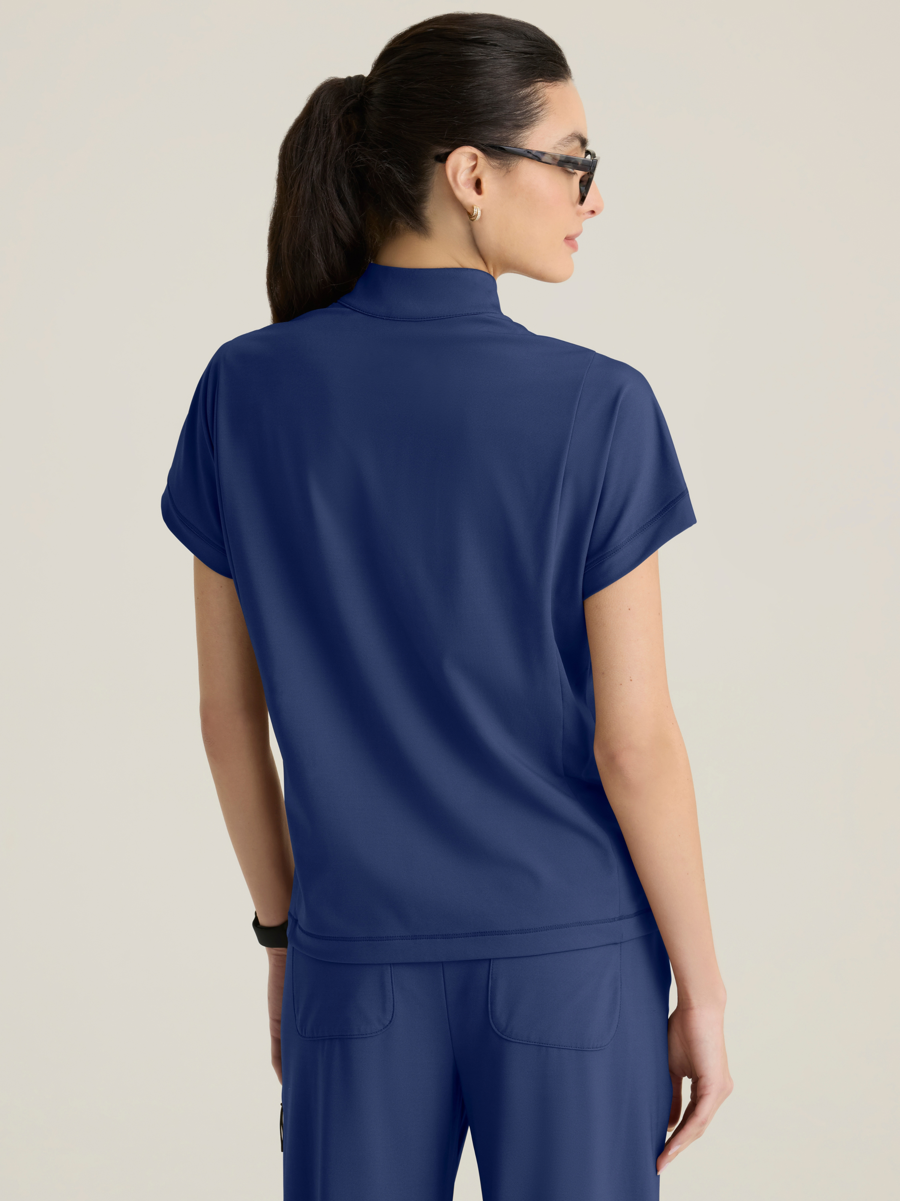 Crystal Women's 3-Pocket Mock Neck Zip-Placket Top Grey's Anatomy™ by Barco Knit Stretch