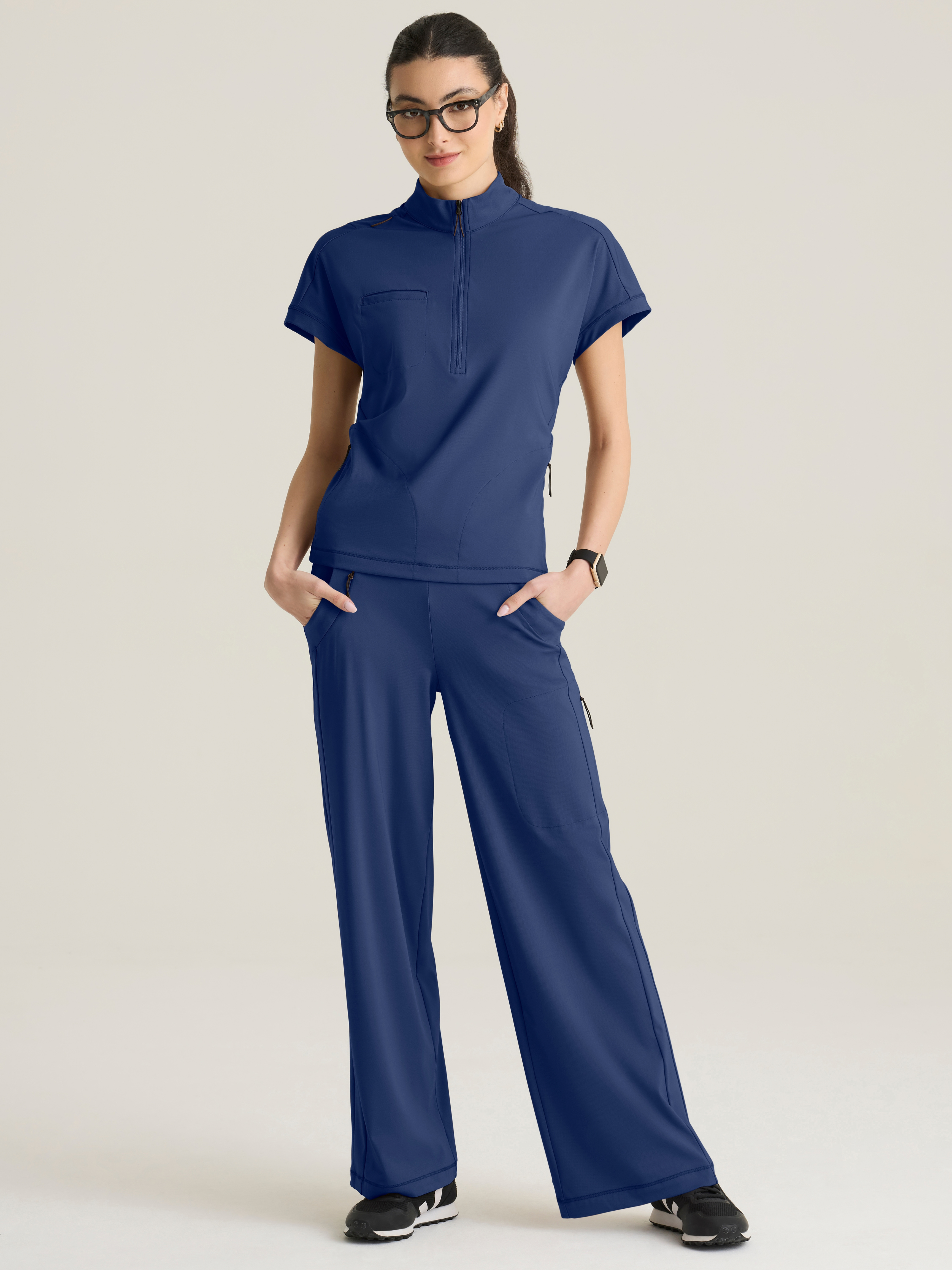 Crystal Women's 3-Pocket Mock Neck Zip-Placket Top Grey's Anatomy™ by Barco Knit Stretch