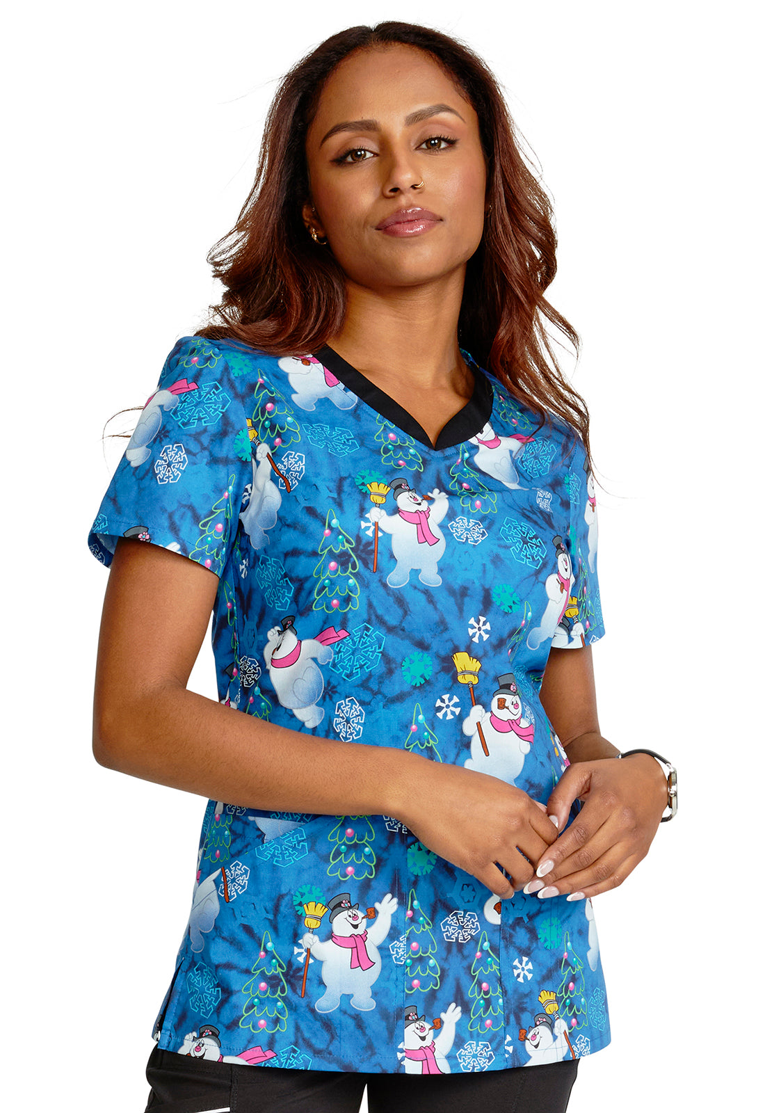 Women's V-Neck Print Top in Fun Frosty - BodyMoves Scrubs Boutique