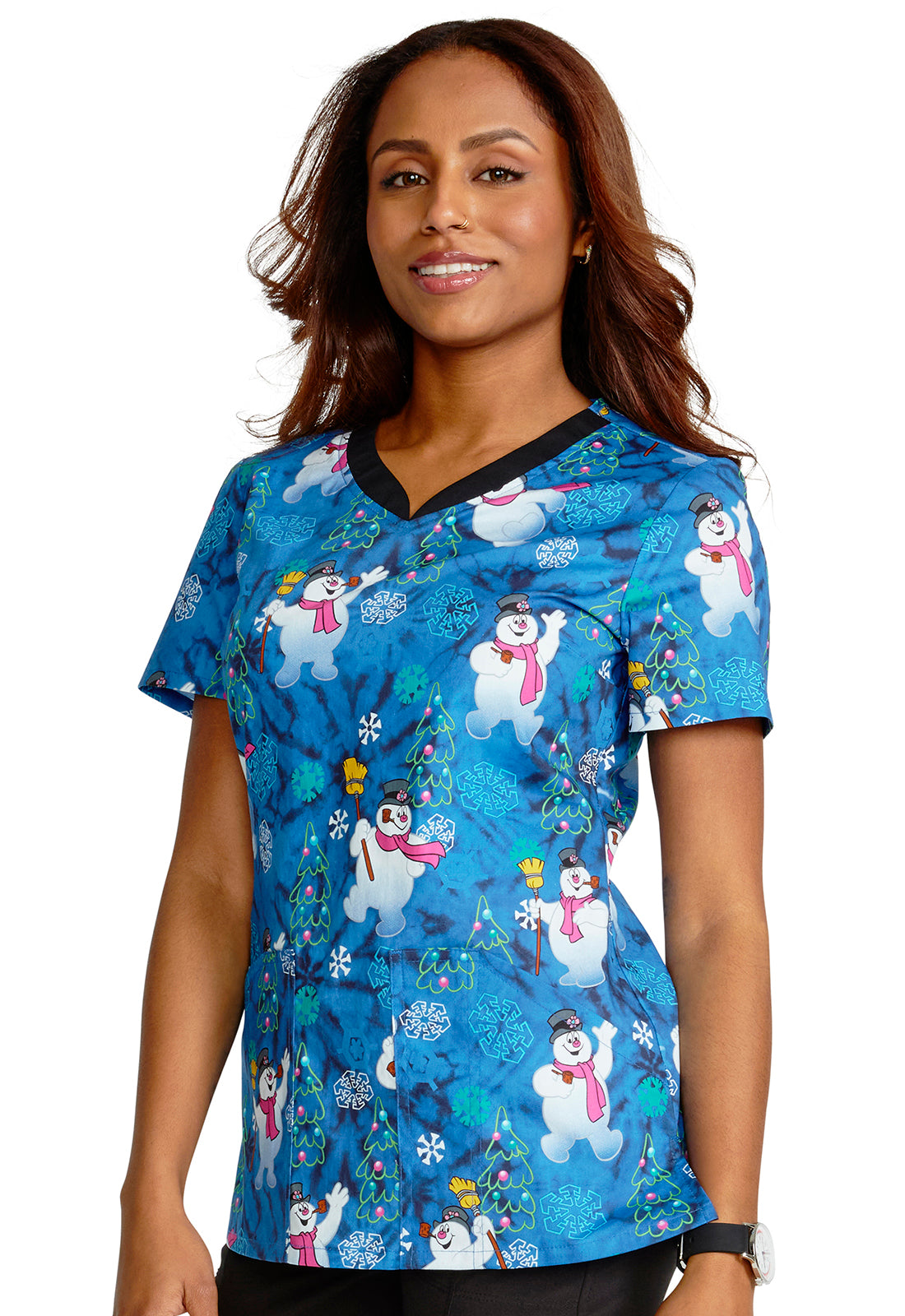Women's V-Neck Print Top in Fun Frosty - BodyMoves Scrubs Boutique