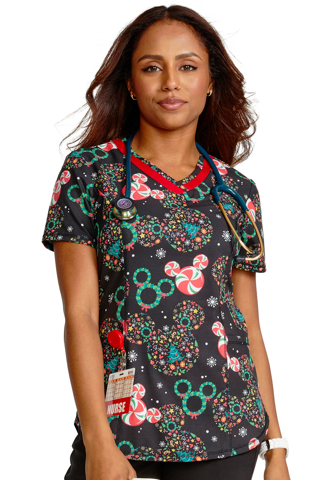 Women's Shaped V-Neck Print Top in Holiday Heads
