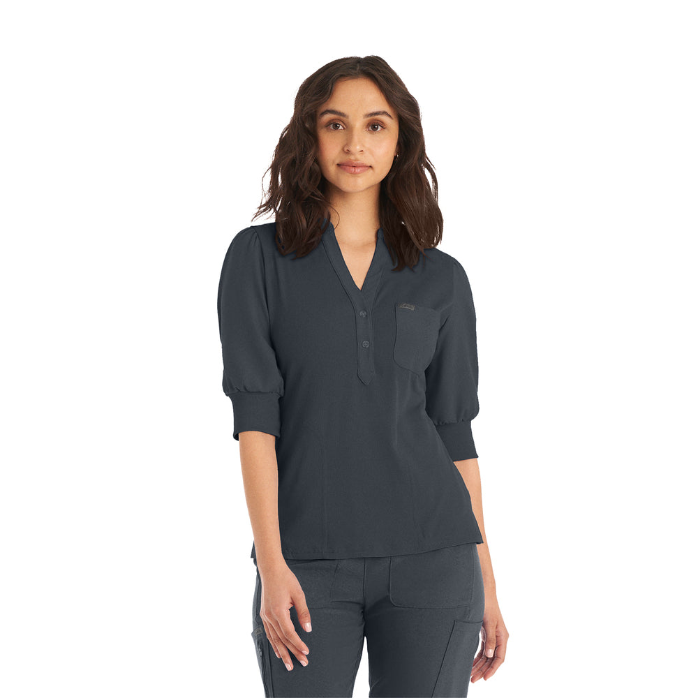 Landau Forward Y Neck Button Scrub Top Pewter XL