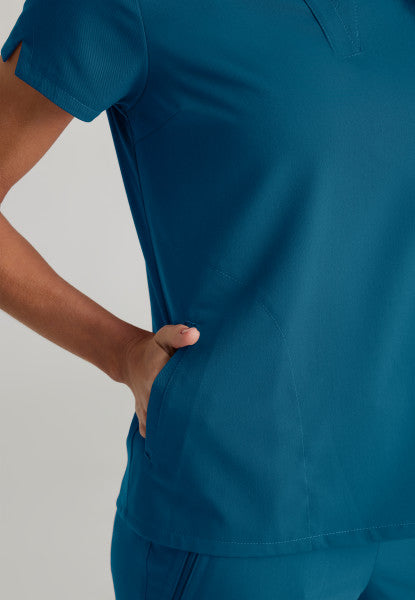 Women's Grey's Anatomy 2 Pocket Banded Collar "Avery" Top