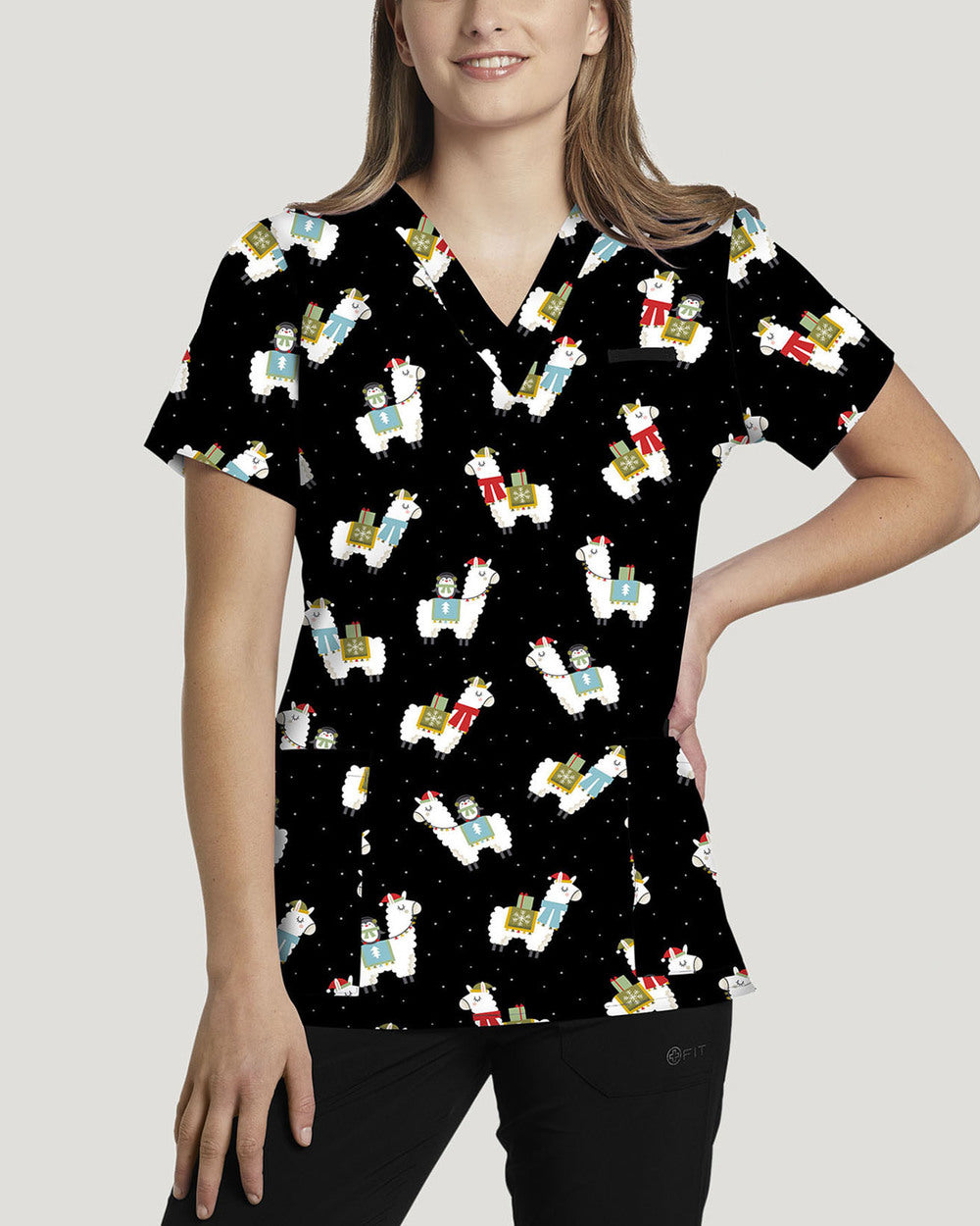 ALPACA SALLY-PEWTER PRINTED V-NECK TOP - BodyMoves Scrubs Boutique